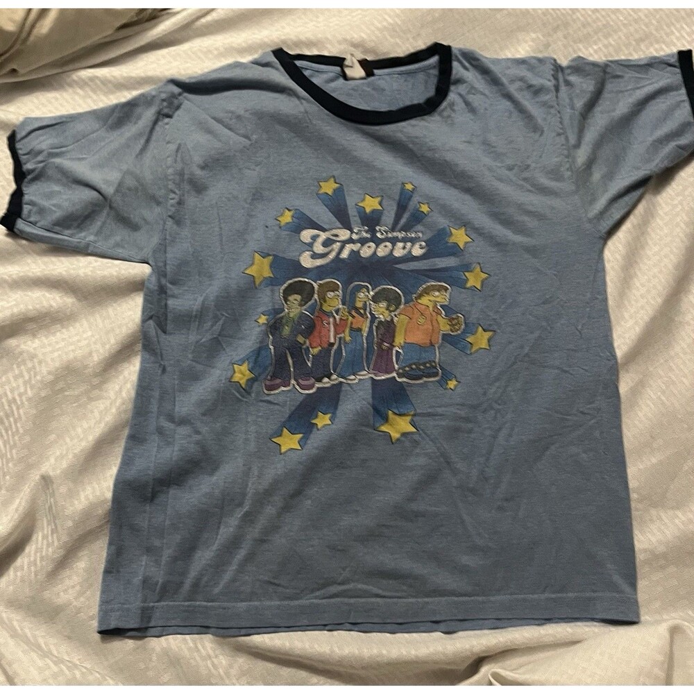 Vintage 2003 The Simpsons 70's Groove Shooting Star Graphic Ringer T-Shirt Sz. L